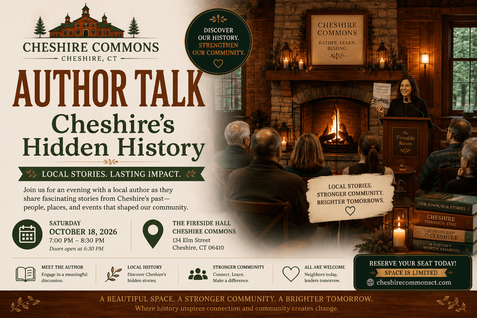 A local author speaking at a podium by the fireplace during an Author Talk at Cheshire Commons