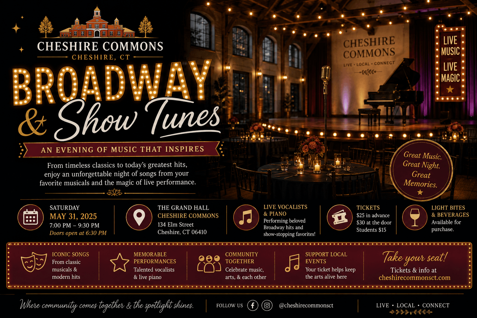 A grand piano on stage at Cheshire Commons set for a Broadway show tunes evening