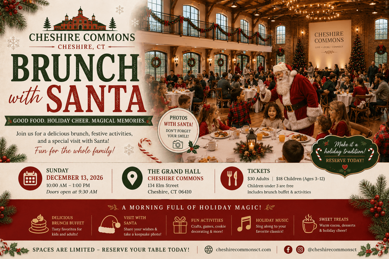 Santa greeting two children during Brunch with Santa at Cheshire Commons