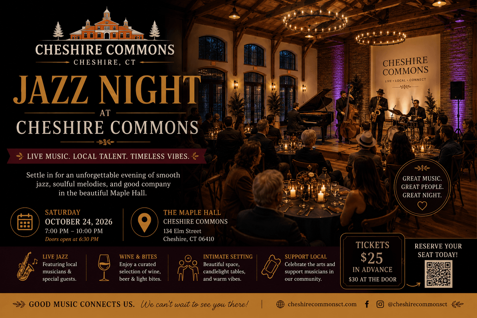 A jazz trio performing saxophone, upright bass, and piano at Cheshire Commons