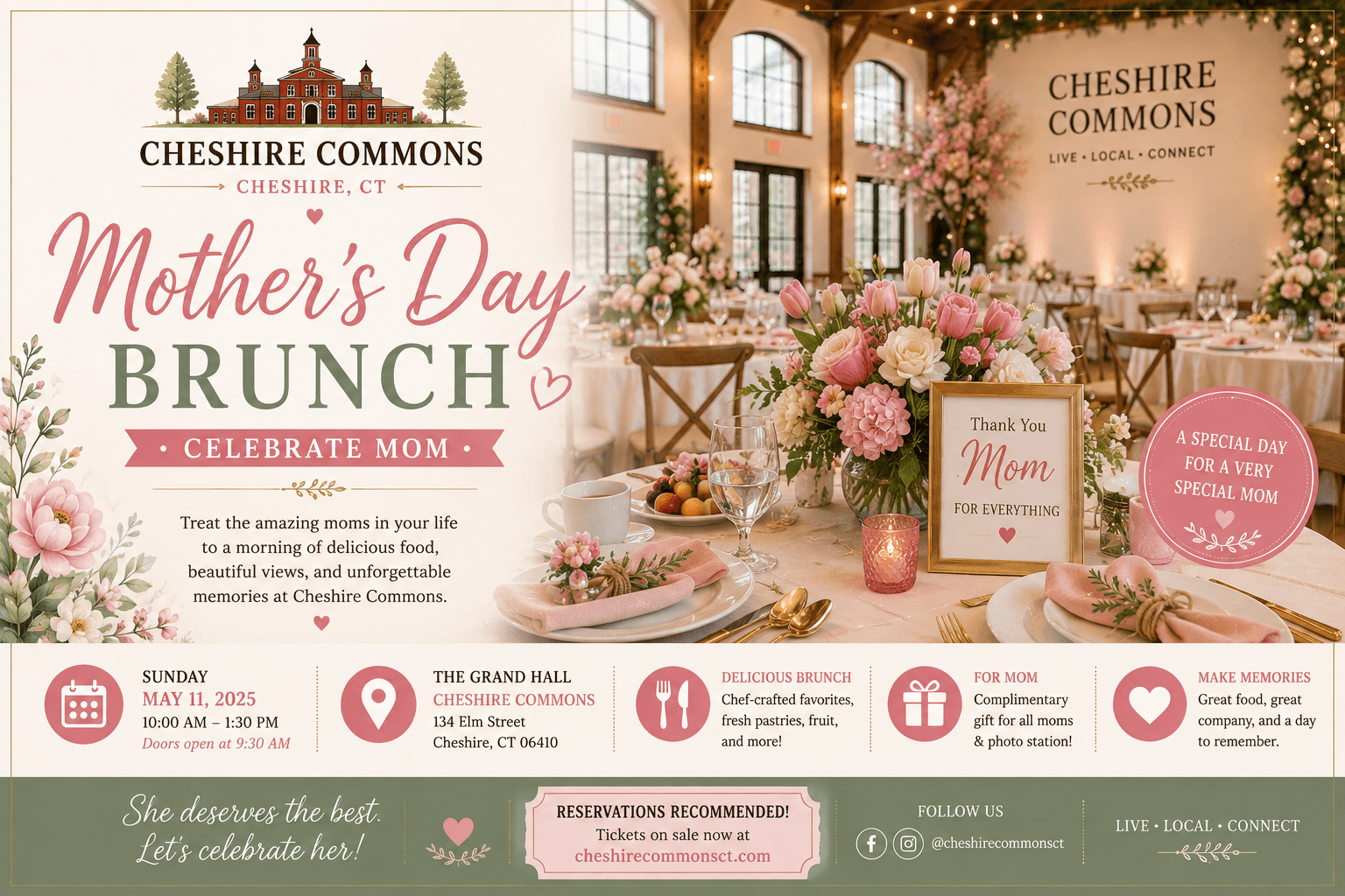 An elegantly set table with pink florals for Mother's Day Brunch at Cheshire Commons