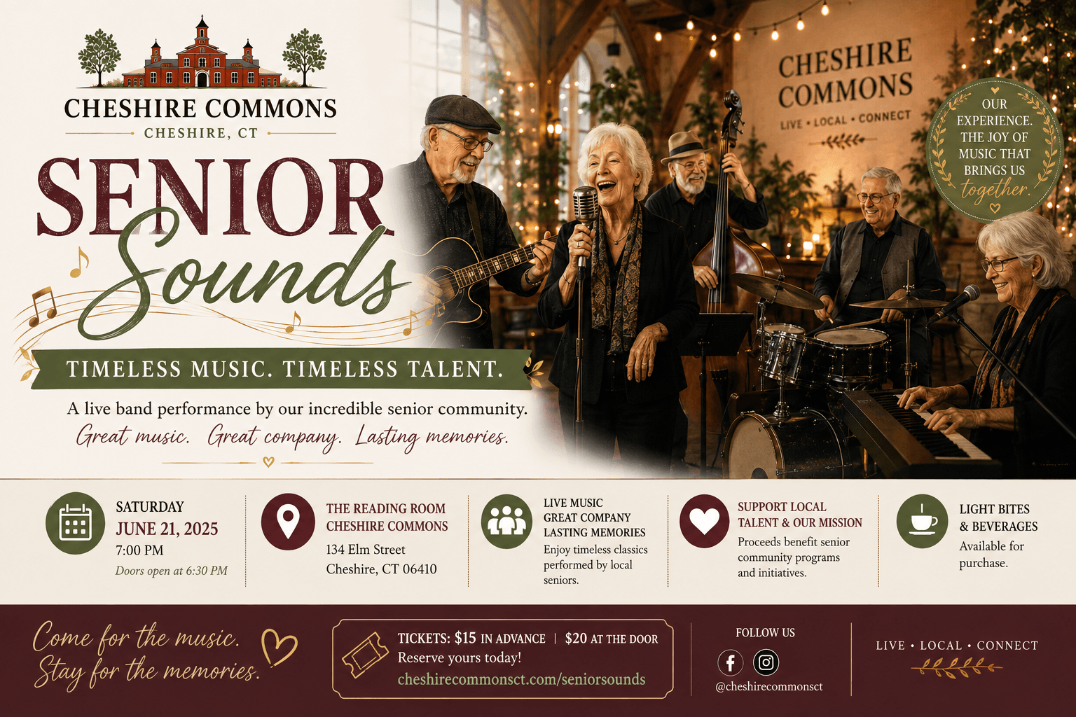 A live band of senior musicians performing at Cheshire Commons