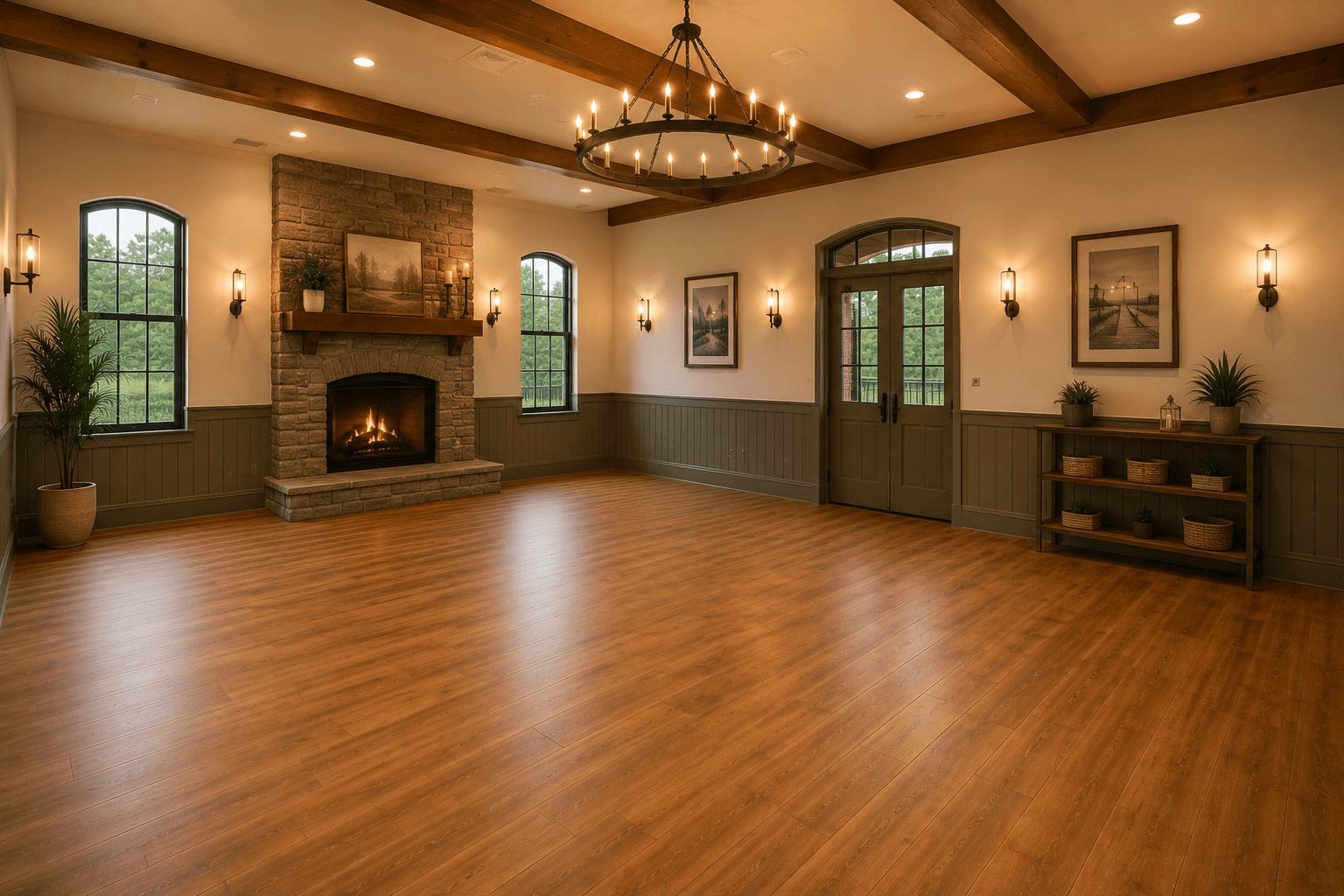 Fireside Hall's stone fireplace and warm, intimate seating area