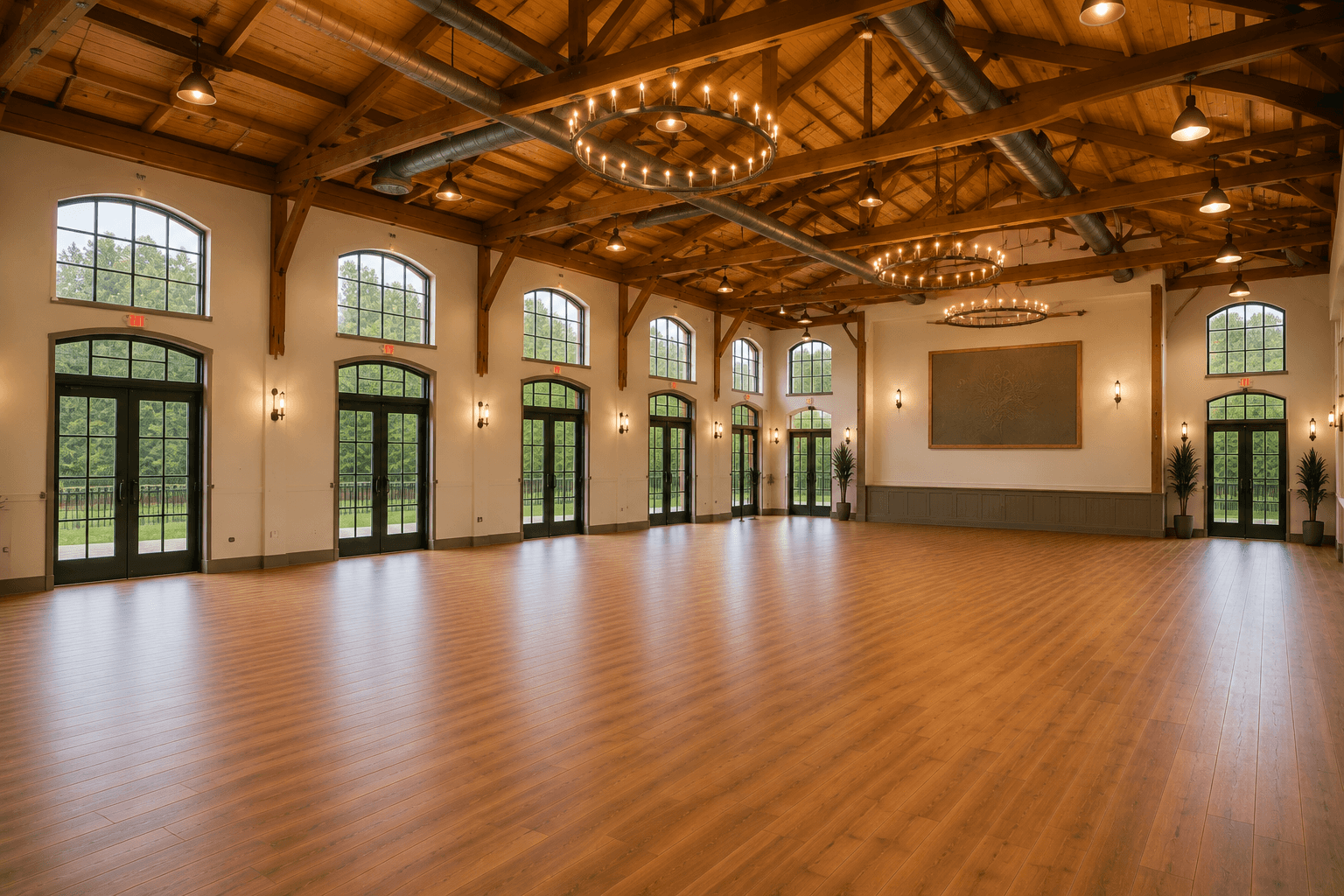 Maple Hall lined with tall French doors and a timber-truss ceiling